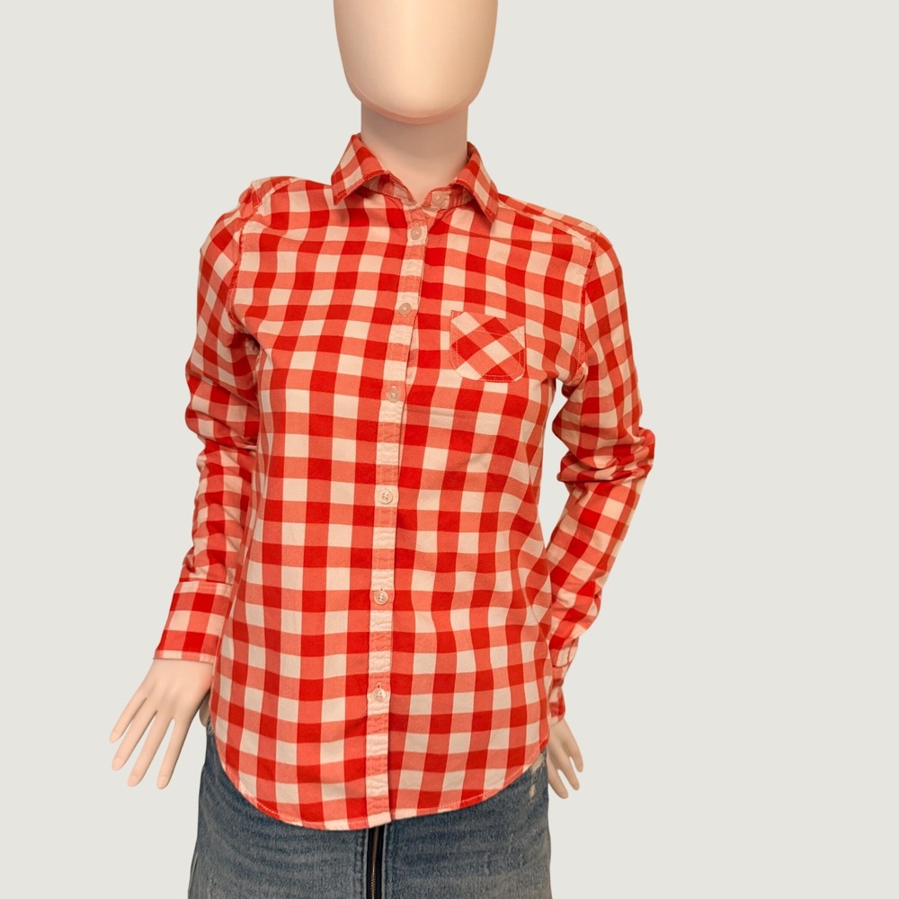 American Eagle Womens Red White Gingham Button Down Shirt Cotton Long Sleeve 2